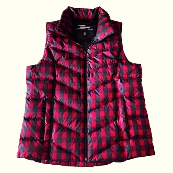 Lands' End Women's medium Down Puffer Vest in a red and black plaid pattern - Picture 1 of 12